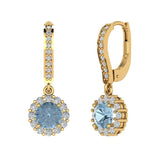2.25 ct Brilliant Round Cut Halo Drop Dangle Natural Swiss Blue Topaz Stone Yellow Gold Earrings Lever Back