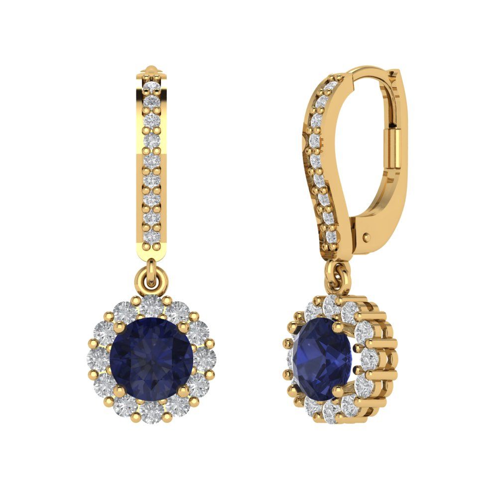 2.235 ctw Blue Sapphire Drop Dangle Earrings | 6mm Round Cut White Gold Lever Back | September Birthstone