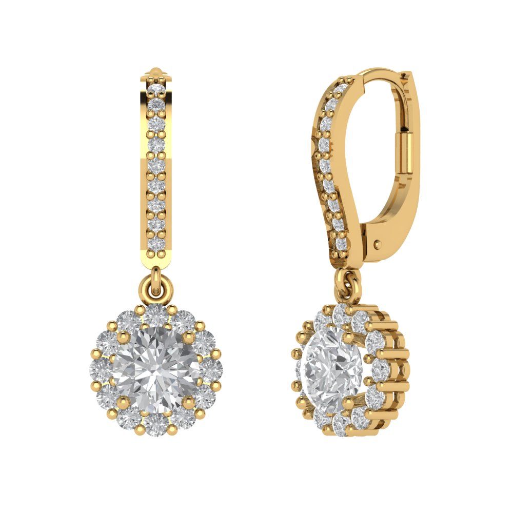 2.235 ctw Zirconia Diamond Drop Dangle Earrings | 6mm Round Cut White Gold Lever Back | April Birthstone