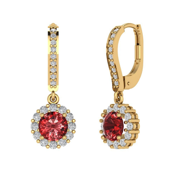 2.25 ct Brilliant Round Cut Halo Drop Dangle Natural Garnet Stone Yellow Gold Earrings Lever Back