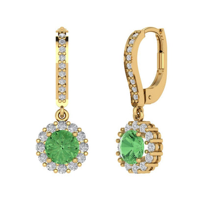 2.235 ctw Green Zirconia Drop Dangle Earrings | 6mm Round Cut White Gold Lever Back | April Birthstone