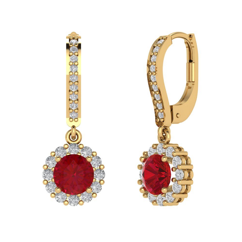 2.235 ctw Ruby Drop Dangle Earrings | 6mm Round Cut White Gold Lever Back | July Birthstone