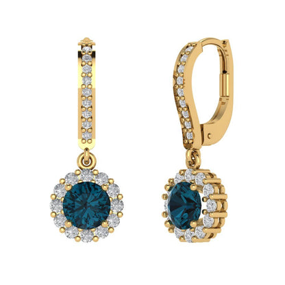 2.235 ctw London Blue Topaz Drop Dangle Earrings | 6mm Round Cut White Gold Lever Back | December Birthstone