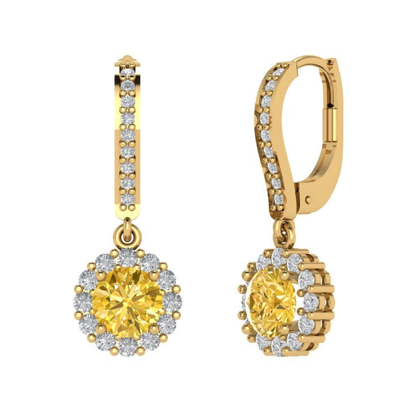 2.25 ct Brilliant Round Cut Halo Drop Dangle Natural Citrine Stone Yellow Gold Earrings Lever Back