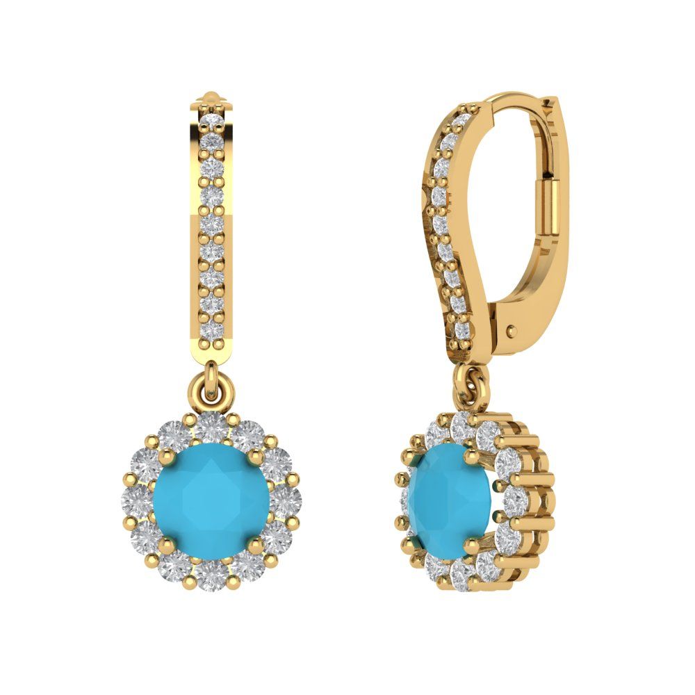 2.235 ctw Turquoise Drop Dangle Earrings | 6mm Round Cut White Gold Lever Back | December Birthstone