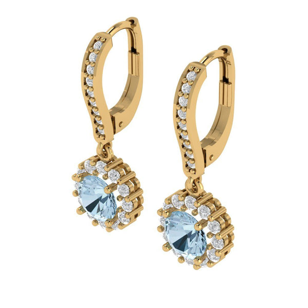 2.25 ct Brilliant Round Cut Halo Drop Dangle Natural Aquamarine Stone Yellow Gold Earrings Lever Back
