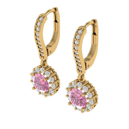 2.235 ctw Pink Zirconia Drop Dangle Earrings | 6mm Round Cut White Gold Lever Back | April Birthstone