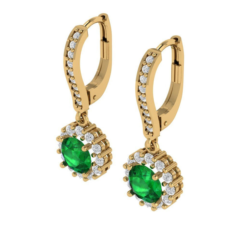 2.25 ct Brilliant Round Cut Halo Drop Dangle Simulated Emerald Stone Yellow Gold Earrings Lever Back