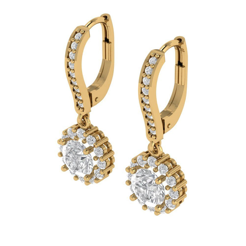 2.25 ct Brilliant Round Cut Halo Drop Dangle Moissanite Stone Yellow Gold Earrings Lever Back