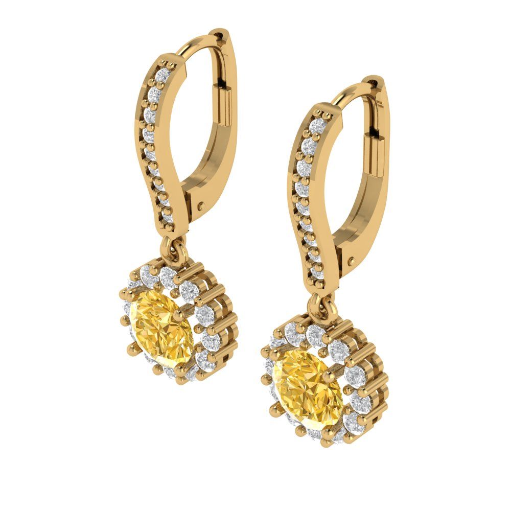 2.235 ctw Yellow Zirconia Drop Dangle Earrings | 6mm Round Cut White Gold Lever Back | April Birthstone