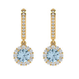 2.25 ct Brilliant Round Cut Halo Drop Dangle Natural Swiss Blue Topaz Stone Yellow Gold Earrings Lever Back