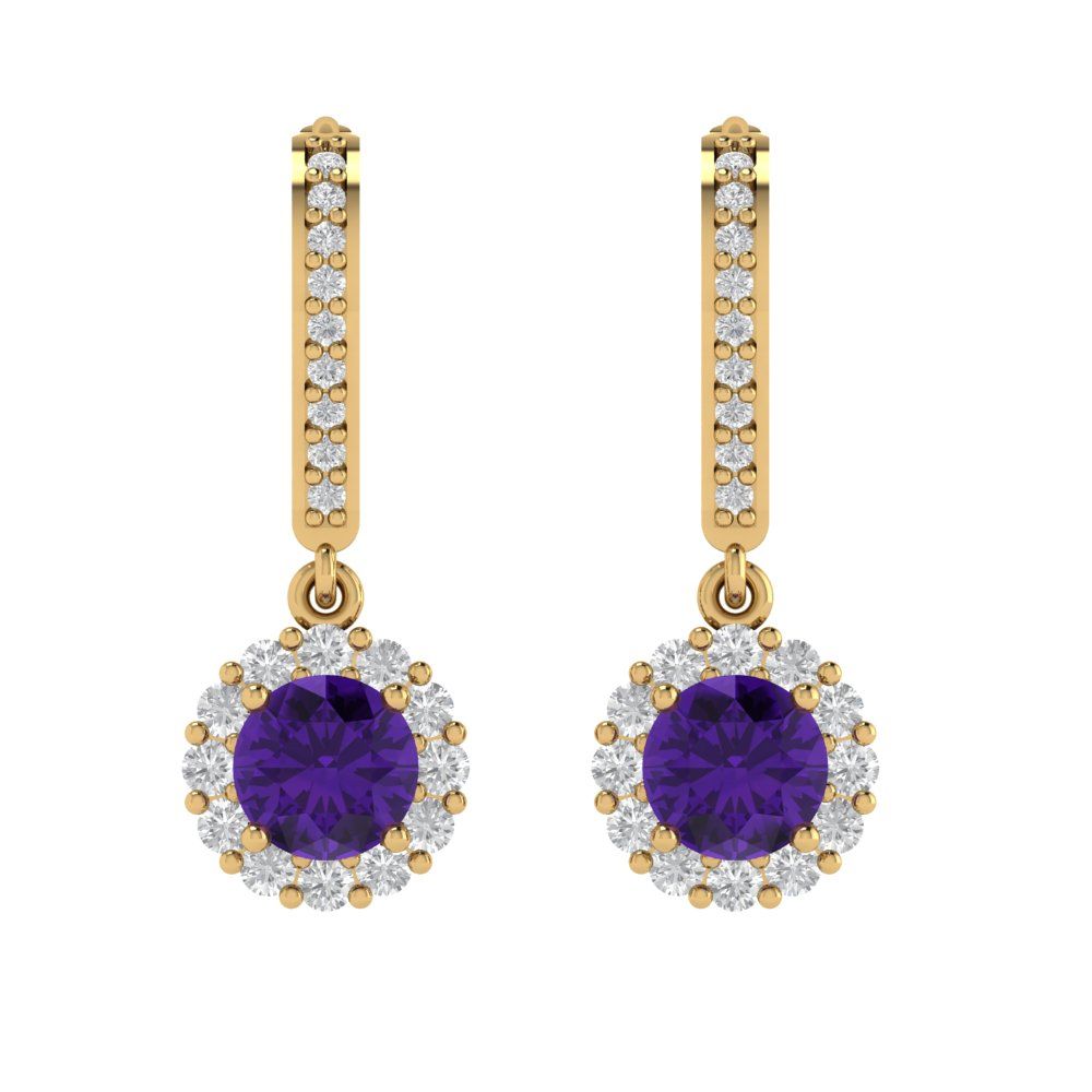 2.235 ctw Amethyst Drop Dangle Earrings | 6mm Round Cut White Gold Lever Back | February Birthstone