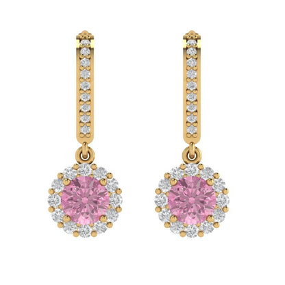 2.235 ctw Pink Zirconia Drop Dangle Earrings | 6mm Round Cut White Gold Lever Back | April Birthstone