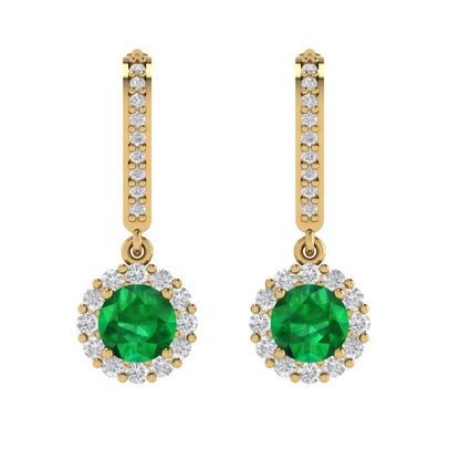 2.235 ctw Emerald Drop Dangle Earrings | 6mm Round Cut White Gold Lever Back | May Birthstone