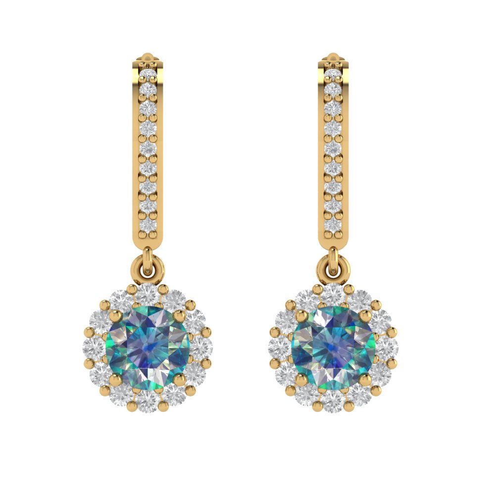 2.235 ctw Blue Moissanite Drop Dangle Earrings | 6mm Round Cut White Gold Lever Back | April Birthstone