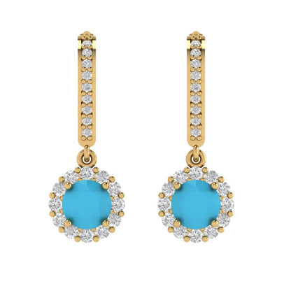 2.235 ctw Turquoise Drop Dangle Earrings | 6mm Round Cut White Gold Lever Back | December Birthstone