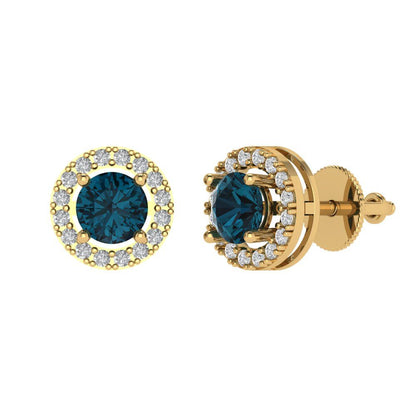 1.24 ctw London Blue Topaz Studs Earrings | 5.0mm Round Cut White Gold Screw back | December Birthstone