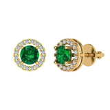 1.3 ct Brilliant Round Cut Halo Studs Simulated Emerald Stone Yellow Gold Earrings Screw back