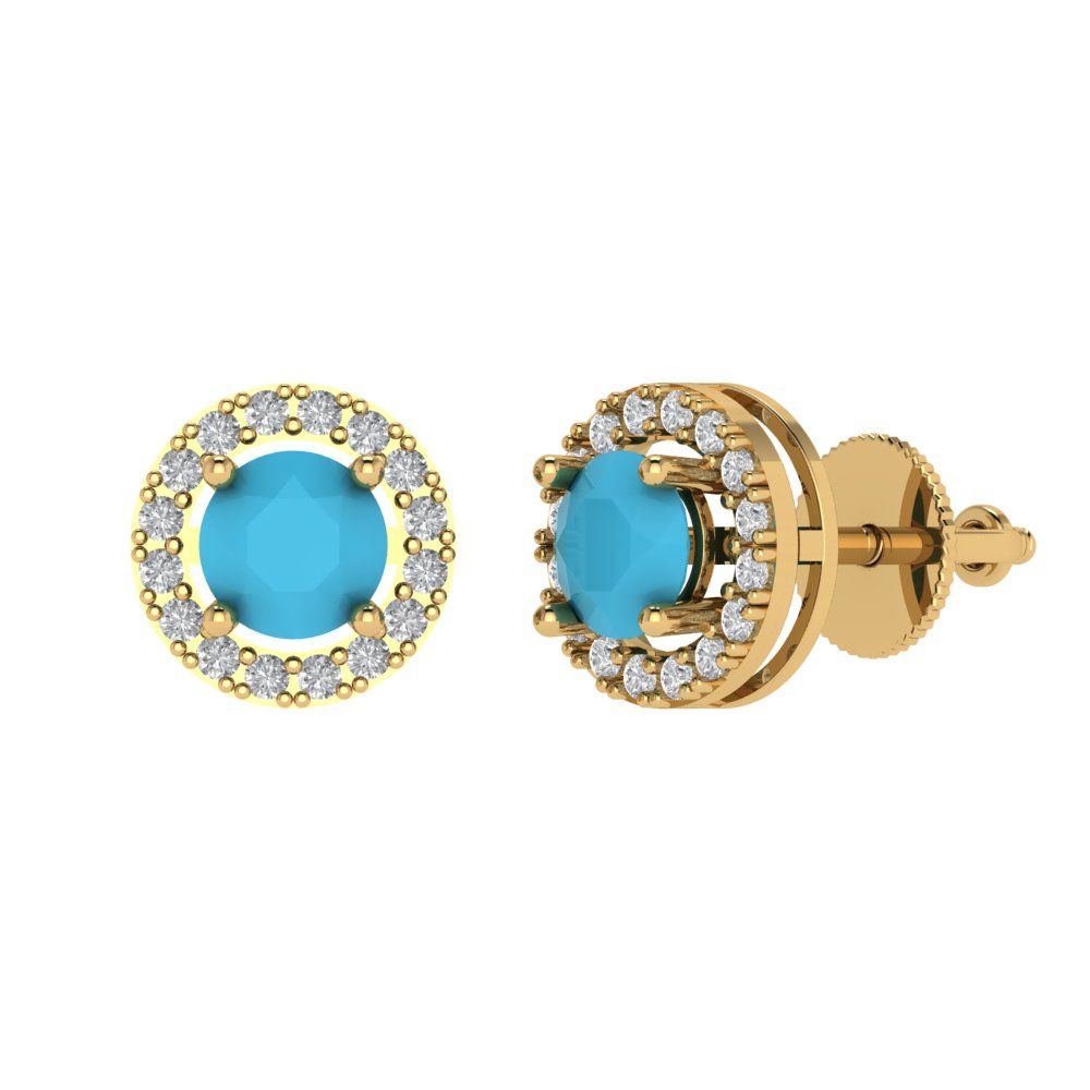 1.24 ctw Turquoise Studs Earrings | 5.0mm Round Cut White Gold Screw back | December Birthstone