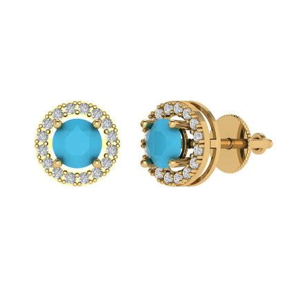 1.24 ctw Turquoise Studs Earrings | 5.0mm Round Cut White Gold Screw back | December Birthstone