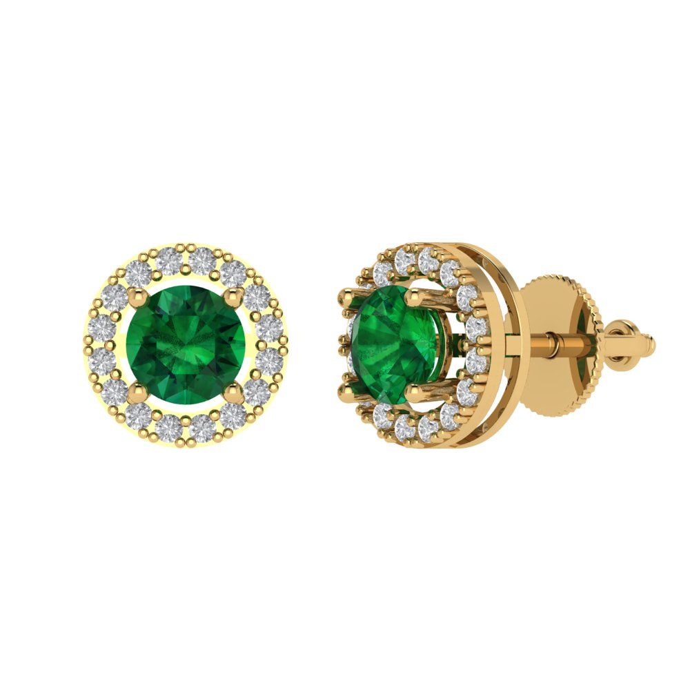 1.24 ctw Emerald Studs Earrings | 5.0mm Round Cut White Gold Screw back | May Birthstone