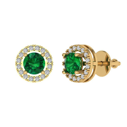 1.24 ctw Emerald Studs Earrings | 5.0mm Round Cut White Gold Screw back | May Birthstone