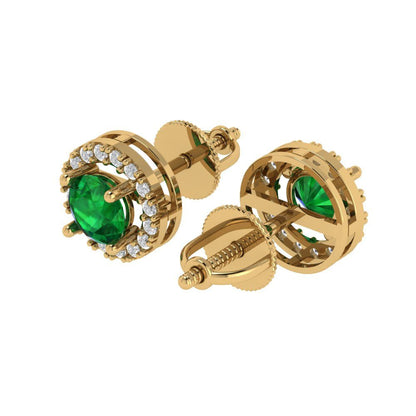 1.24 ctw Emerald Studs Earrings | 5.0mm Round Cut White Gold Screw back | May Birthstone