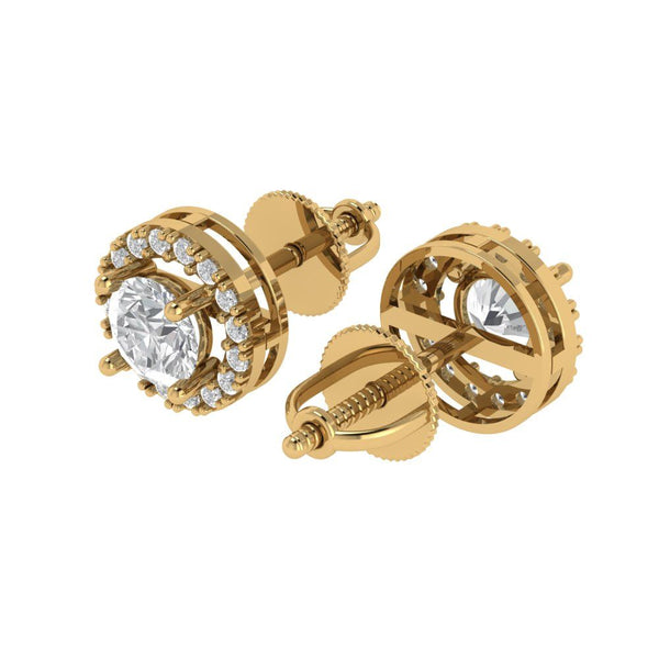1.3 ct Brilliant Round Cut Halo Studs White Sapphire Stone Yellow Gold Earrings Screw back