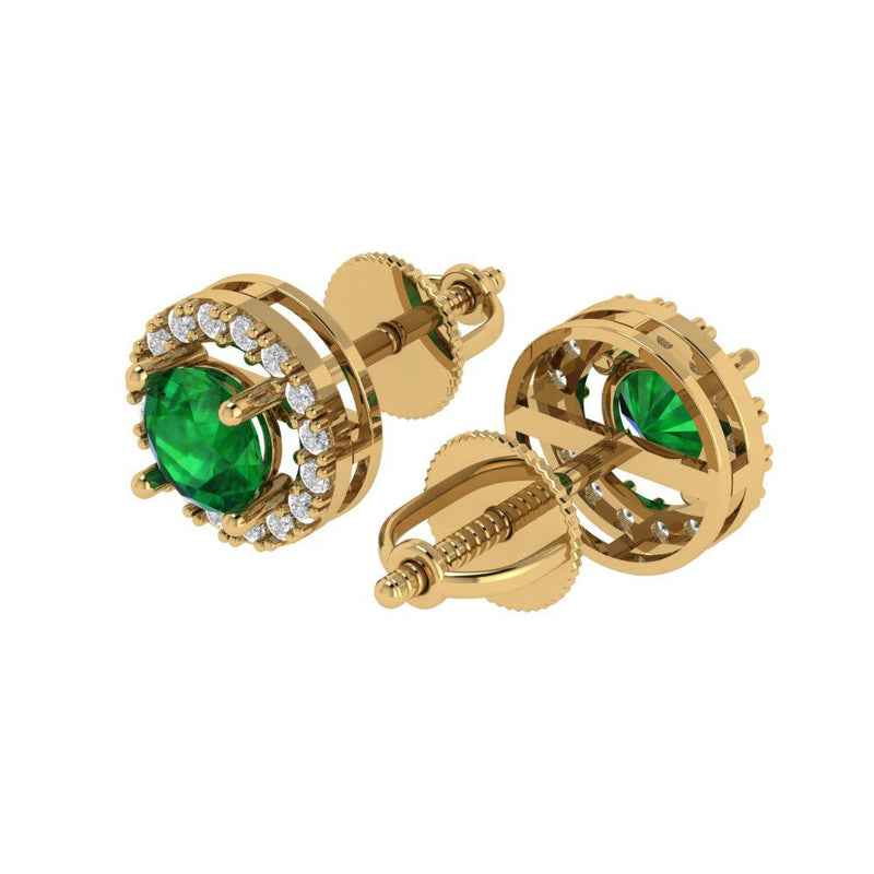 1.3 ct Brilliant Round Cut Halo Studs Simulated Emerald Stone Yellow Gold Earrings Screw back