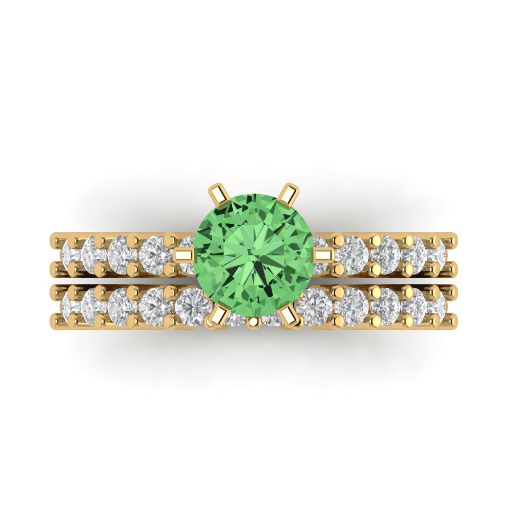 1.66 cttw Round Cut Simulated Green Diamond Bridal Set - Solid Yellow Gold Engagement Ring & Wedding Band