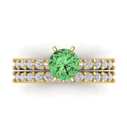 1.66 cttw Round Cut Simulated Green Diamond Bridal Set - Solid Yellow Gold Engagement Ring & Wedding Band