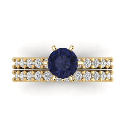 1.66 cttw Round Cut Simulated Blue Sapphire Bridal Set - Solid Yellow Gold Engagement Ring & Wedding Band