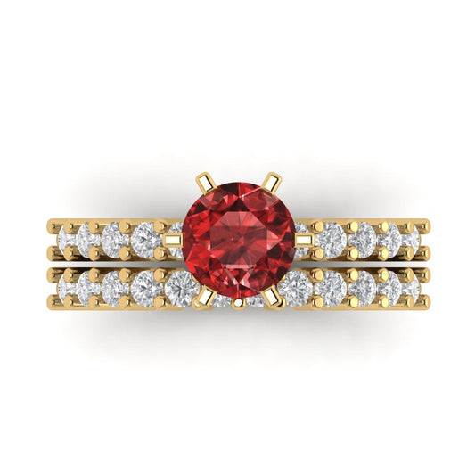 1.66 cttw Round Cut Natural Garnet Bridal Set - Solid Yellow Gold Engagement Ring & Wedding Band