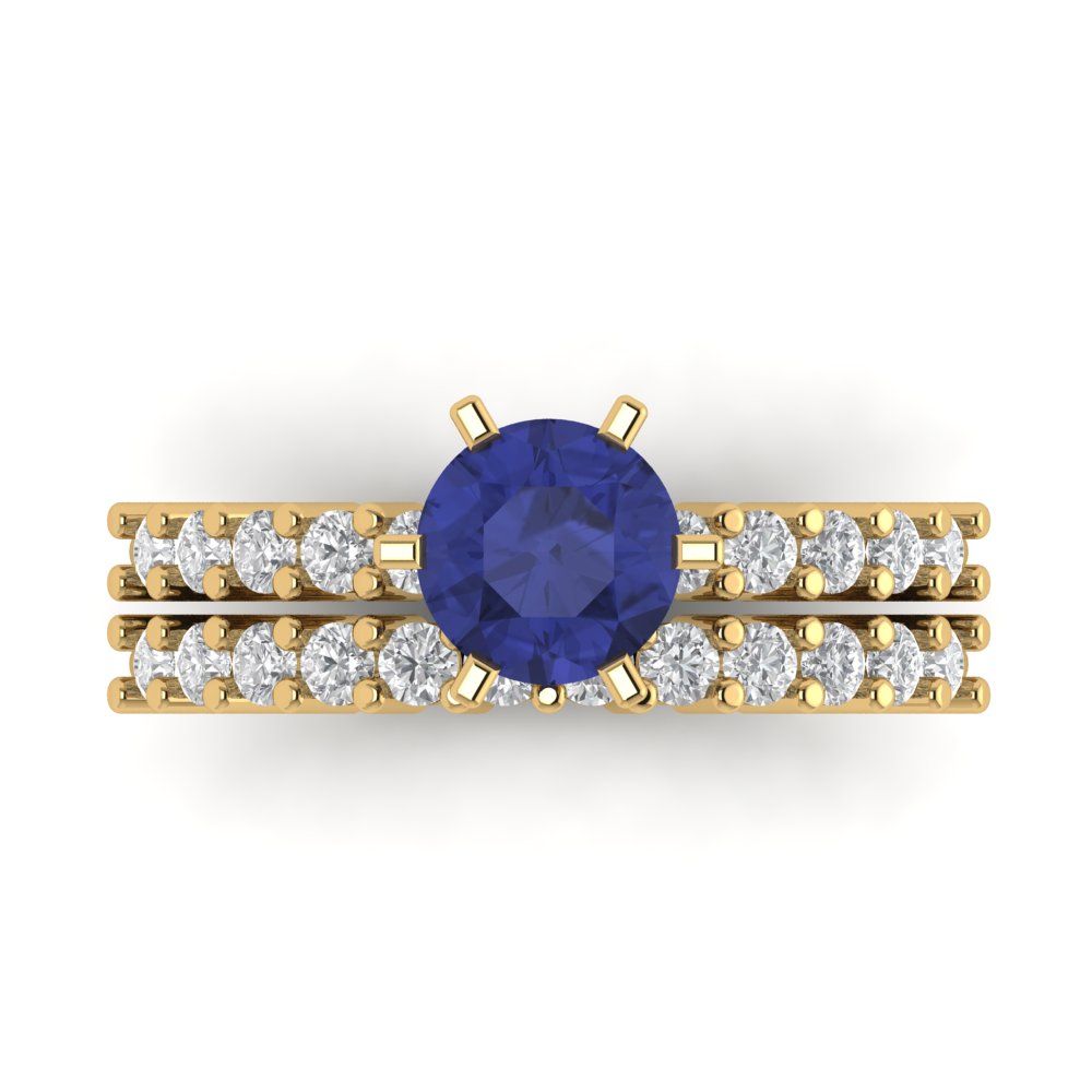 1.66 cttw Round Cut Simulated Tanzanite Bridal Set - Solid Yellow Gold Engagement Ring & Wedding Band