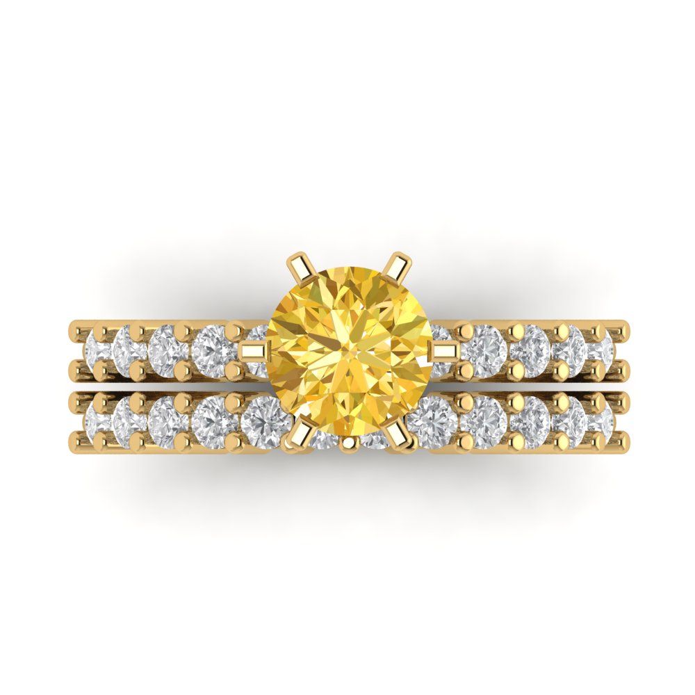 1.66 cttw Round Cut Natural Citrine Bridal Set - Solid Yellow Gold Engagement Ring & Wedding Band