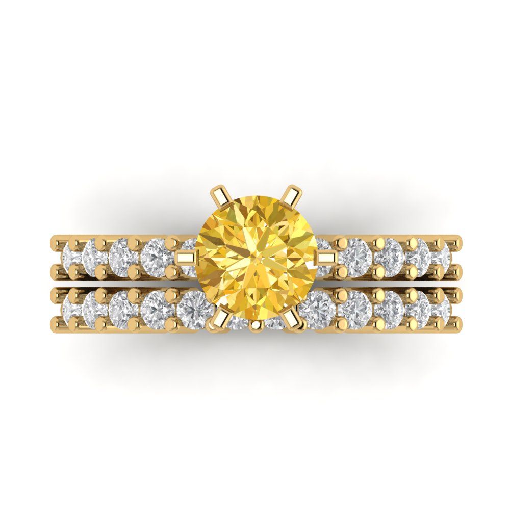 1.66 cttw Round Cut Simulated Yellow Diamond Bridal Set - Solid Yellow Gold Engagement Ring & Wedding Band