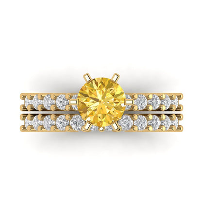 1.66 cttw Round Cut Simulated Yellow Diamond Bridal Set - Solid Yellow Gold Engagement Ring & Wedding Band