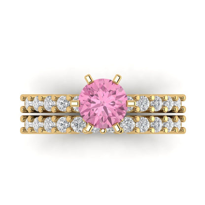 1.66 cttw Round Cut Simulated Pink Diamond Bridal Set - Solid Yellow Gold Engagement Ring & Wedding Band