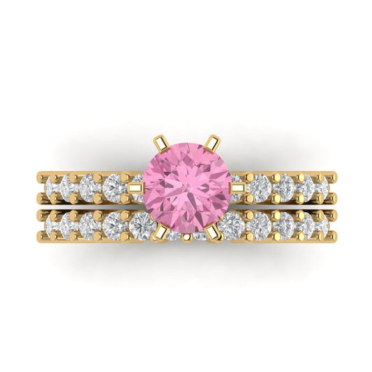 1.66 cttw Round Cut Simulated Pink Diamond Bridal Set - Solid Yellow Gold Engagement Ring & Wedding Band