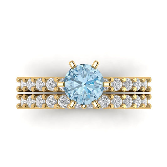 1.66 cttw Round Cut Natural Aquamarine Bridal Set - Solid Yellow Gold Engagement Ring & Wedding Band