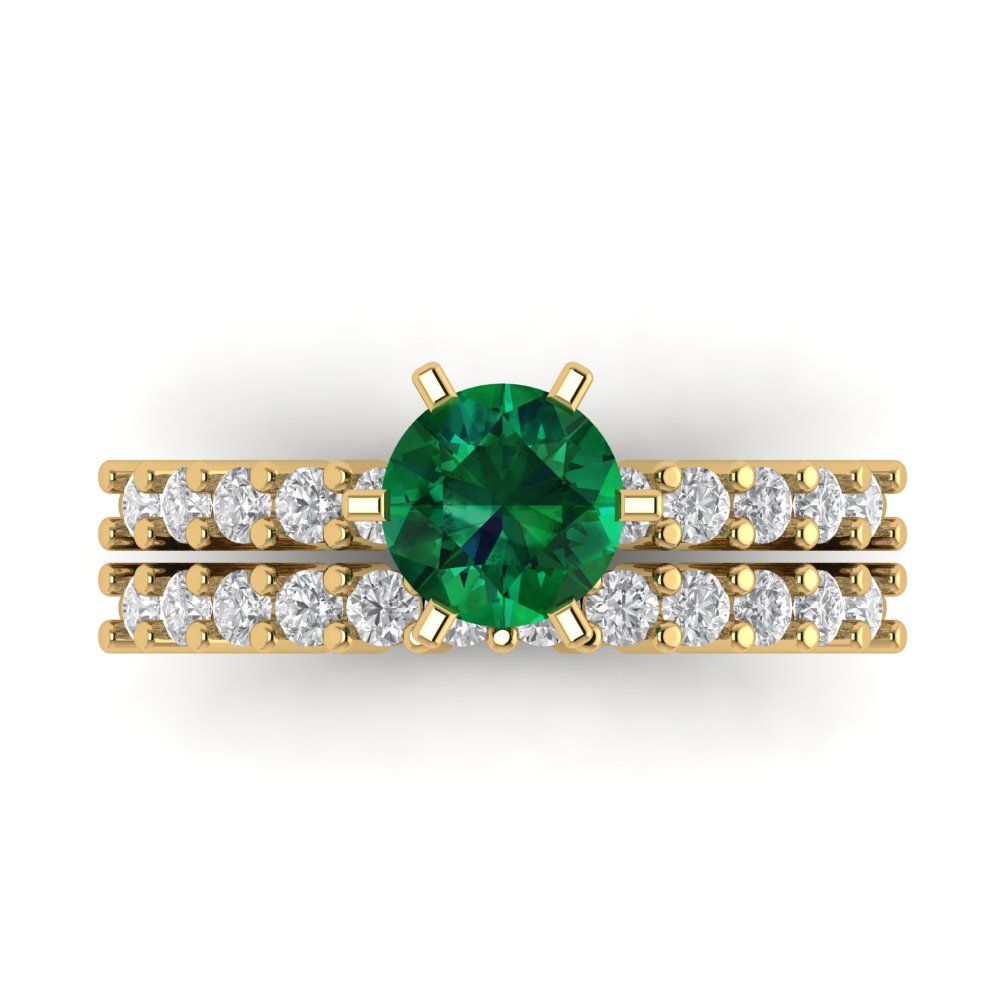 1.66 cttw Round Cut Simulated Emerald Bridal Set - Solid Yellow Gold Engagement Ring & Wedding Band
