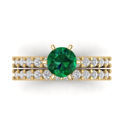 1.66 cttw Round Cut Simulated Emerald Bridal Set - Solid Yellow Gold Engagement Ring & Wedding Band