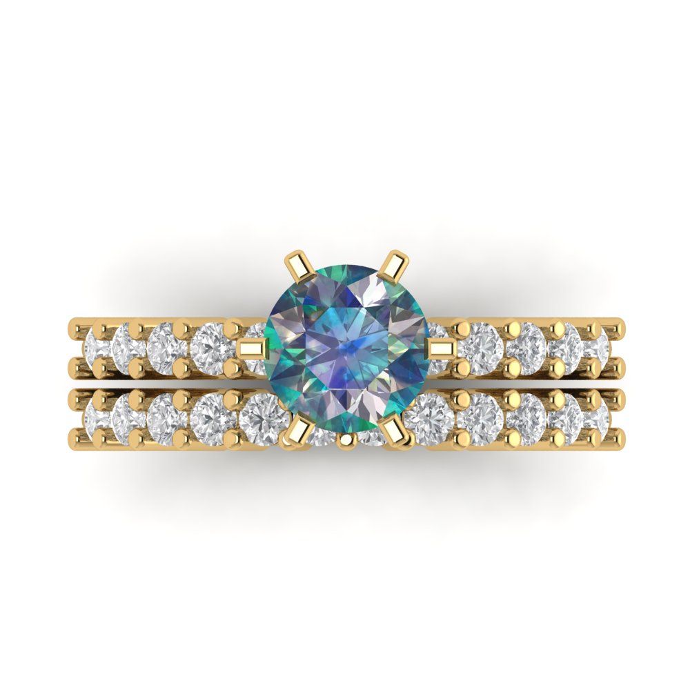 1.66 cttw Round Cut Blue Moissanite Bridal Set - Solid Yellow Gold Engagement Ring & Wedding Band