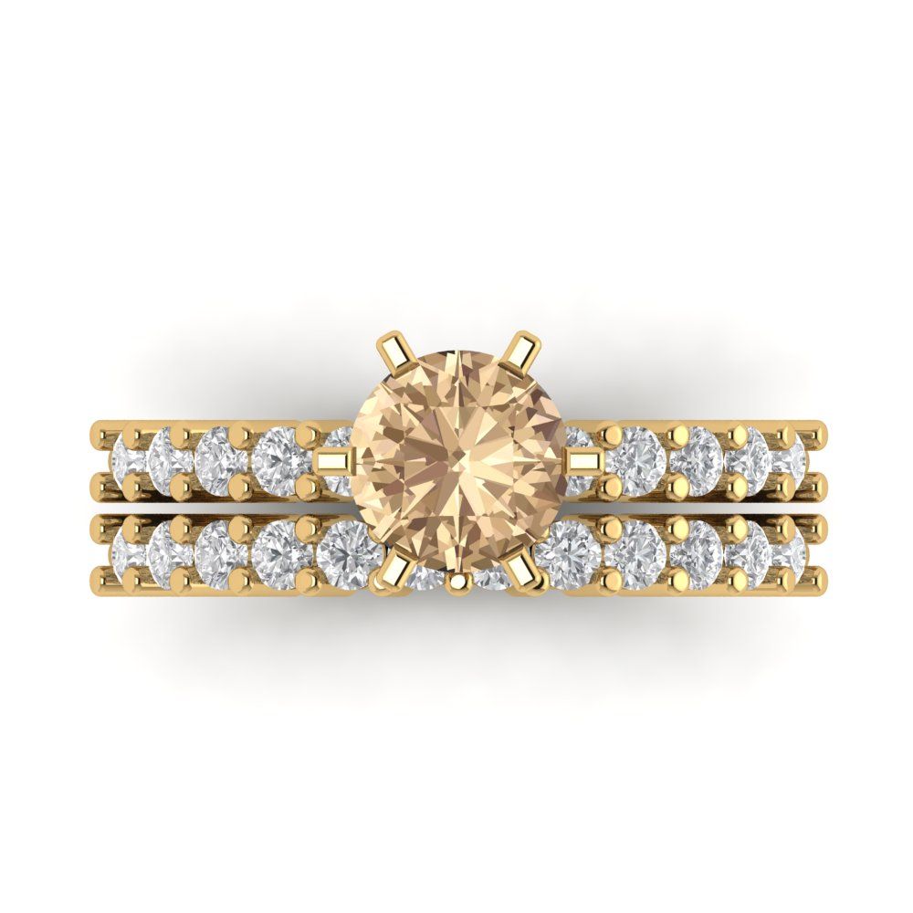 1.66 cttw Round Cut Yellow Moissanite Bridal Set - Solid Yellow Gold Engagement Ring & Wedding Band
