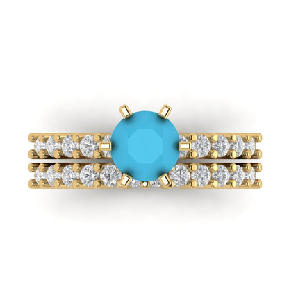 1.66 cttw Round Cut Simulated Turquoise Bridal Set - Solid Yellow Gold Engagement Ring & Wedding Band