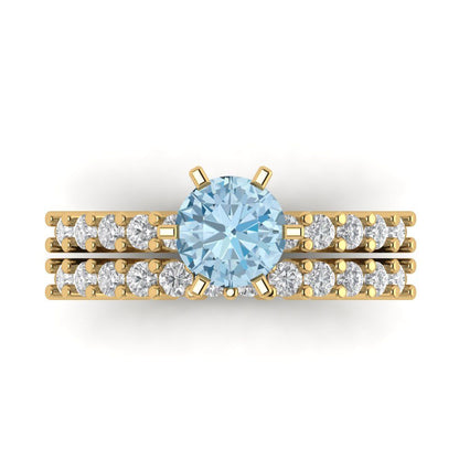1.66 cttw Round Cut Natural Sky Blue Topaz Bridal Set - Solid Yellow Gold Engagement Ring & Wedding Band