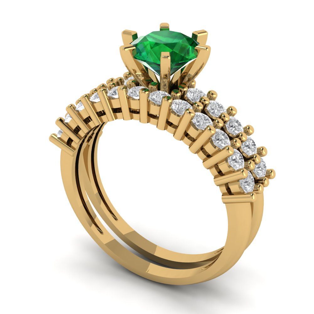 1.66 cttw Round Cut Simulated Emerald Bridal Set - Solid Yellow Gold Engagement Ring & Wedding Band