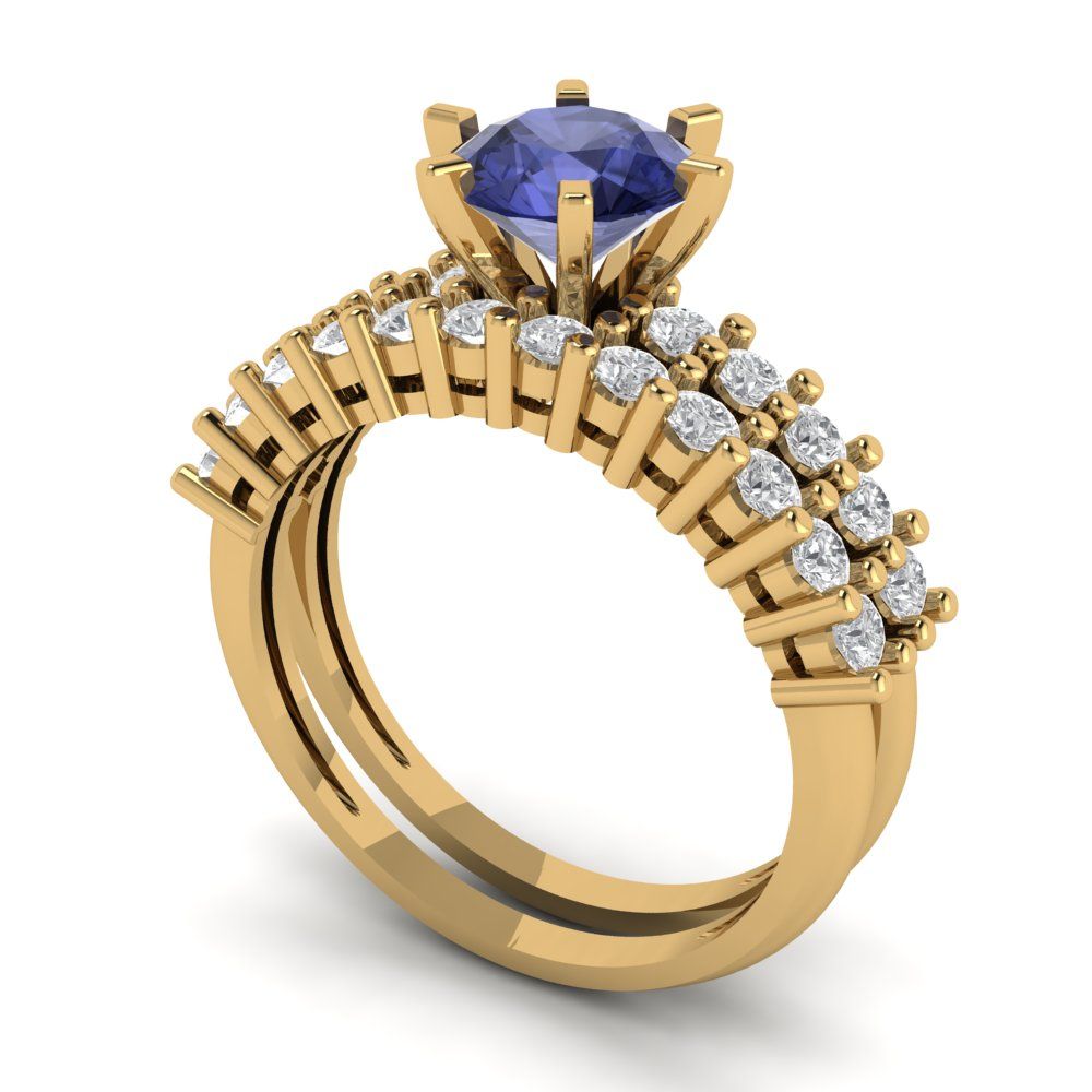 1.66 cttw Round Cut Simulated Tanzanite Bridal Set - Solid Yellow Gold Engagement Ring & Wedding Band