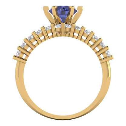 1.66 cttw Round Cut Simulated Tanzanite Bridal Set - Solid Yellow Gold Engagement Ring & Wedding Band