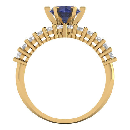 1.66 cttw Round Cut Simulated Blue Sapphire Bridal Set - Solid Yellow Gold Engagement Ring & Wedding Band